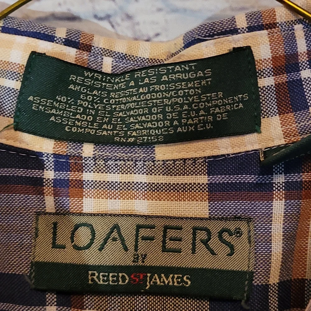 Men's LOAFERS Size XL blue tan plaid Shirt button down wrinkle resistant